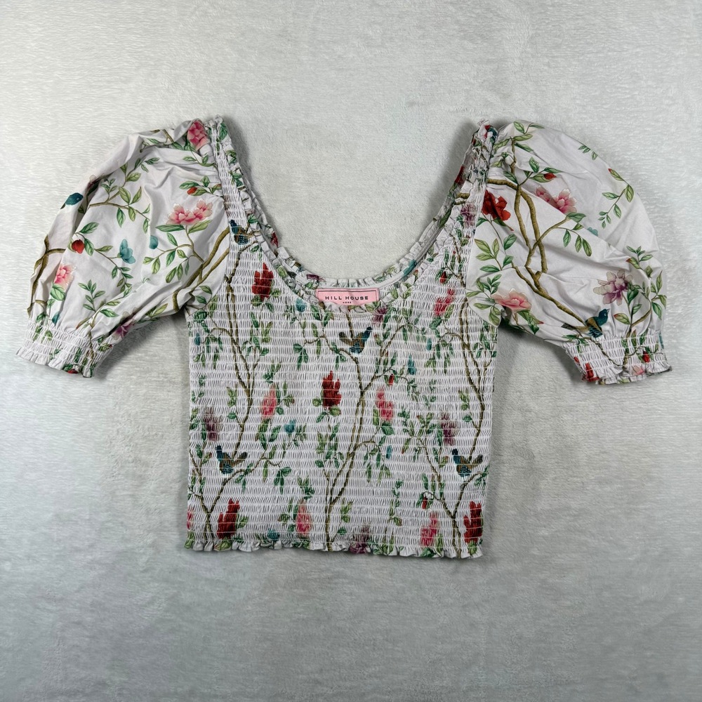 Hill House Home x Diane Hill Aurora Top Small Floral Bird Smocked Puff Sleeve